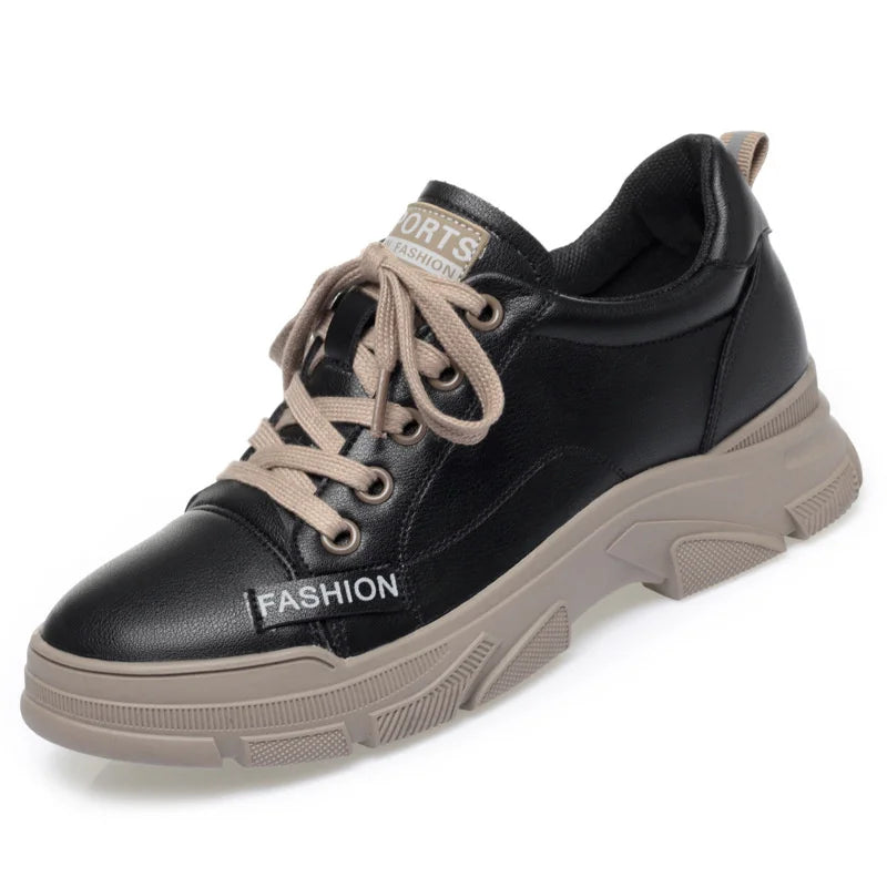 Damen Sneaker mit dicker Sohle – Rutschfeste Freizeit- & Trekking-Schuhe aus weichem Lederlook, bequeme Schnürschuhe für Frühling & Herbst