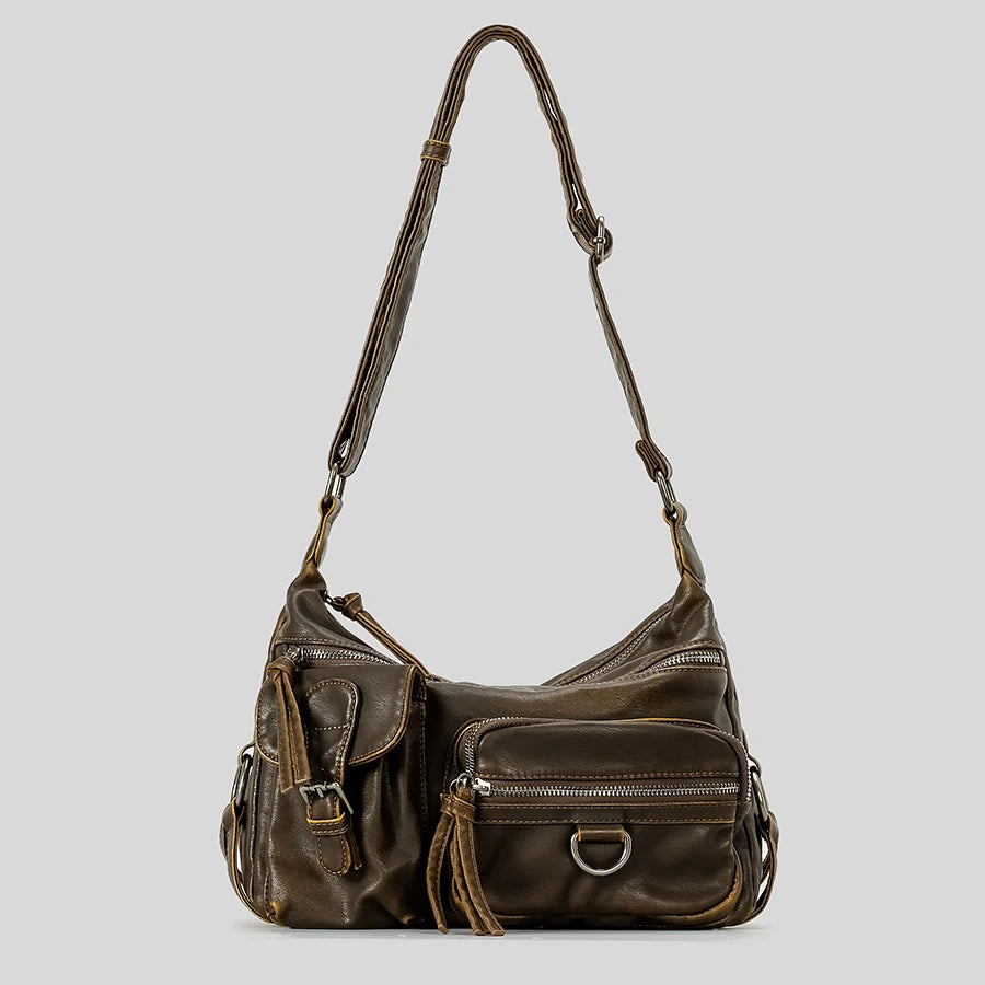 MR.YLLS Vintage Schultertasche für Damen – Bolso bandolera de cuero de PU con mehreren Fächern, Retro Y2K Motorrad-Tasche 2024