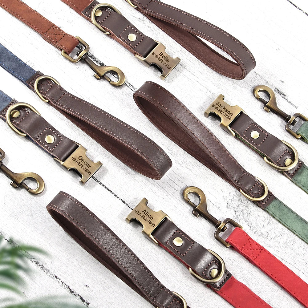 Hundehalsband- und Leinen-Set aus PU-Leder, 9 Farben, personalisiertes Namensschild, Haustierhalsband, Leine für kleine, mittlere und große Hunde