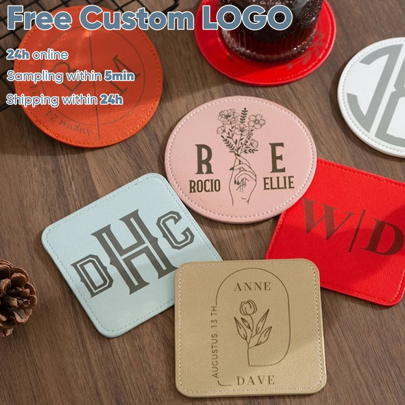5er-Set personalisierte Getränkeuntersetzer aus PU-Leder – Runde, hitzebeständige Unterlagen Ø 11 cm mit Wunschdesign 