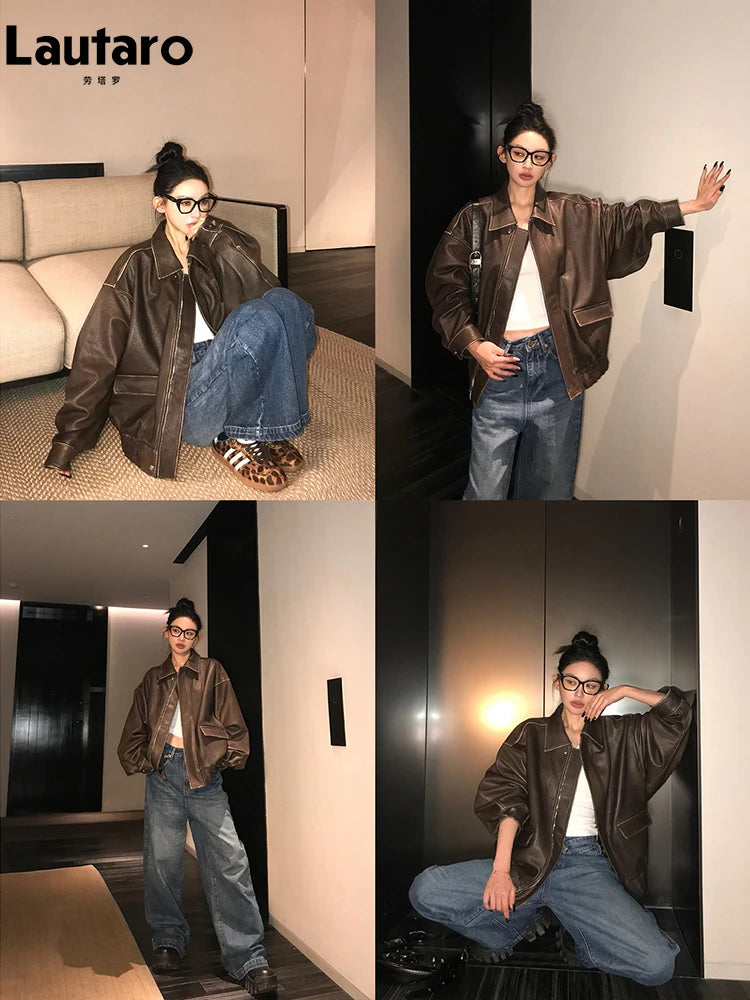 Lautaro Damen Oversized PU Lederjacke – Retro Vintage Kunstlederjacke im Used Look, lässige Zipper-Jacke für Frühling & Herbst