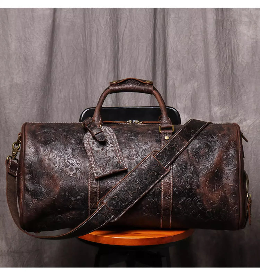 LUOKIR Vintage Leder Tote Reisetasche – Große Travel Duffle Bag aus geprägtem echtem Rindsleder, Premium Wochenend- &amp; Sporttasche