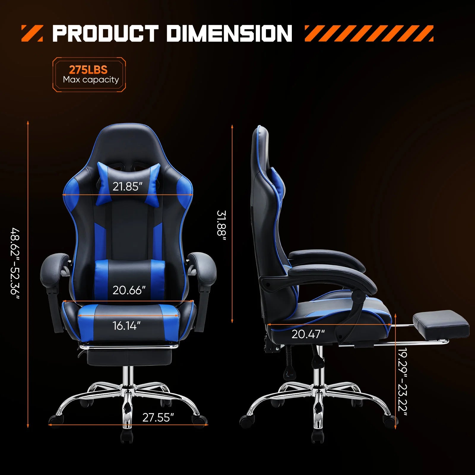 JHK Ergonomischer Gaming Stuhl aus PU-Leder – Höhenverstellbarer Drehstuhl mit Kopfstütze, Lendenstütze & Rollen für Büro & Wohnzimmer