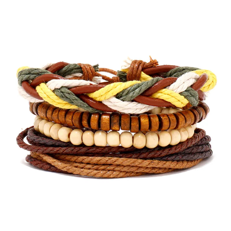 Boho Lederarmband für Herren – Handgeflochtenes Armband mit Holzperlen & Kokosschale, verstellbares Ethno Charm Armband