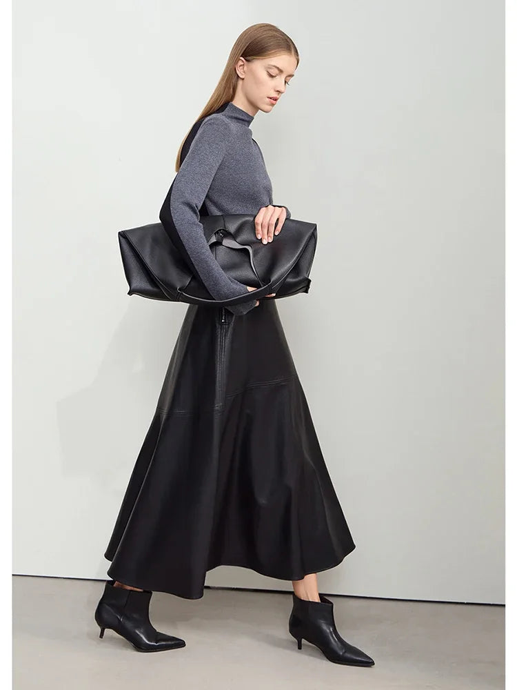 Damen PU Leder Midirock in A-Linie – Eleganter, minimalistischer Winterrock mit lockerer Passform, stilvoller Office- & Commuter-Rock