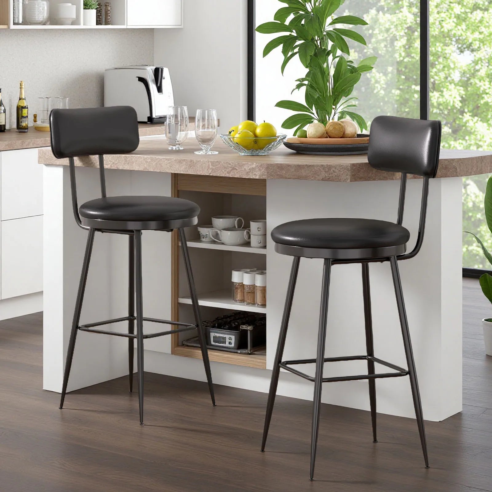 Barhocker aus PU-Leder mit hoher Rückenlehne – Moderner Küchen- & Esszimmer Barstuhl mit rutschfesten Metallbeinen