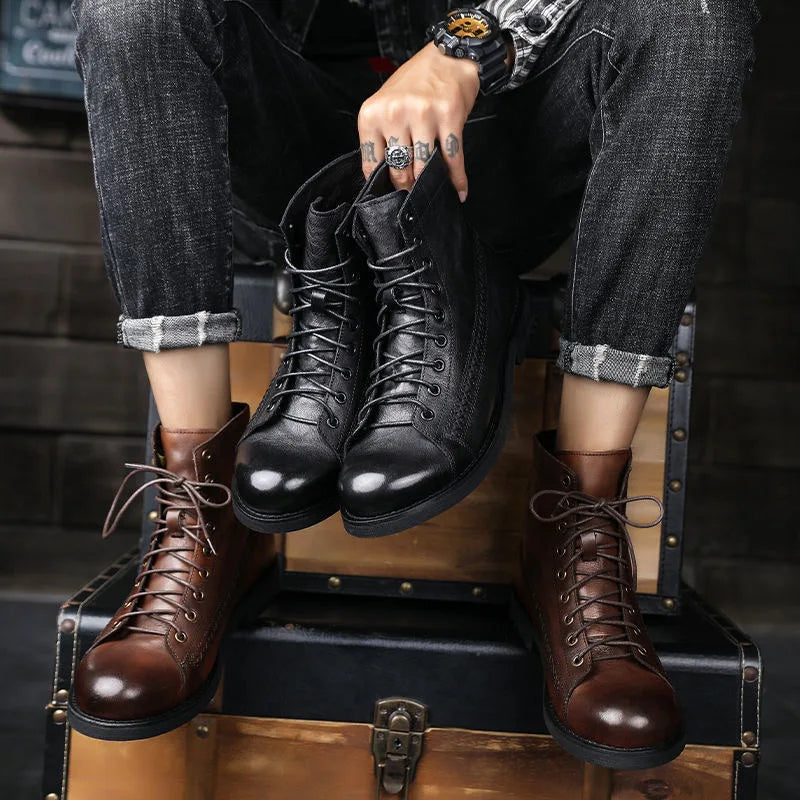 COZOK Herren Vintage Work Boots – Hochwertige Ankle Boots aus Lederimitat, British Style, Retro Plattform-Schuhe