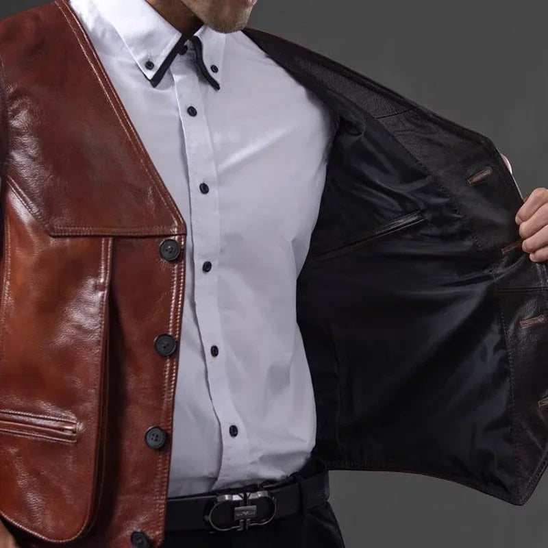 Herren Echtlederweste aus Rindsleder – Retro Slim Fit Weste mit mehreren Taschen, Reise- & Freizeitweste in großen Größen
