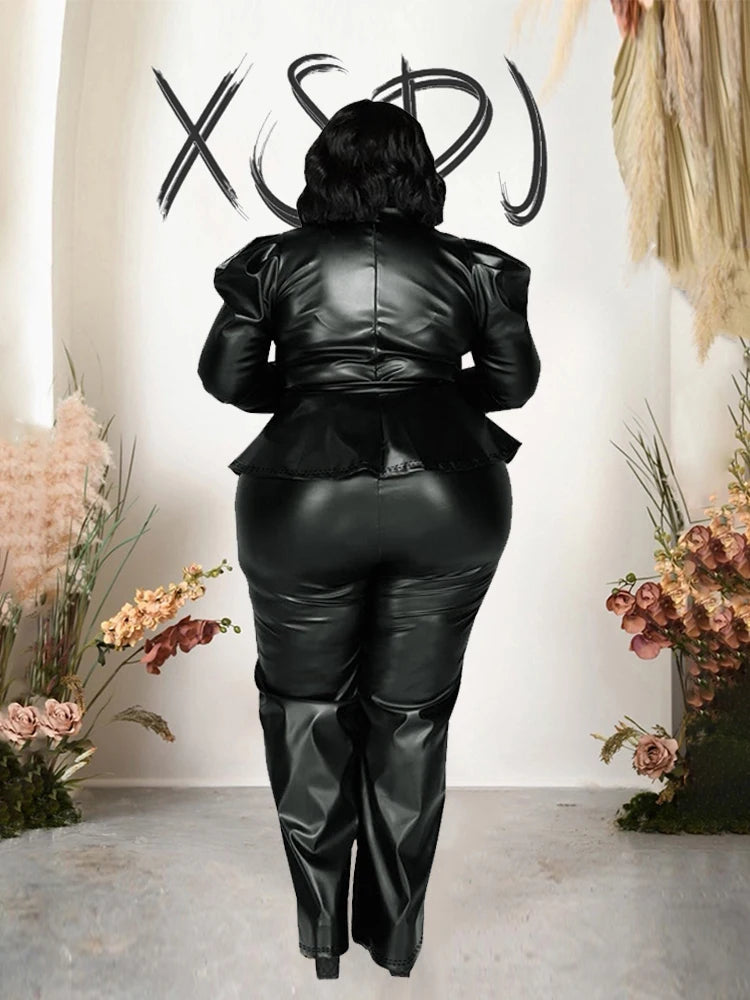 Damen PU-Leder 2-Teiler Set in Schwarz – Langarm Top mit Stehkragen & Hose, Sexy Curvy Plus Size Outfit für Frühling & Sommer