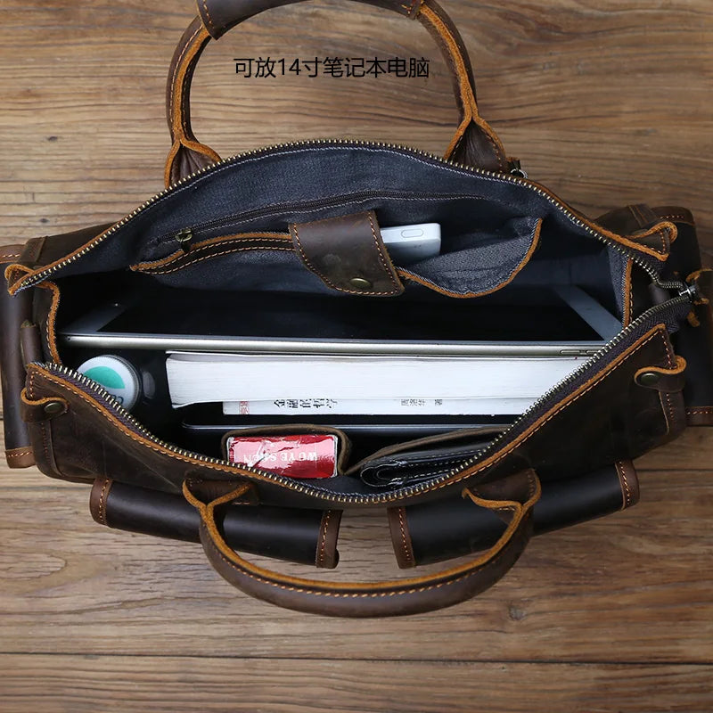 NZPJ Vintage Herren Leder-Aktentasche - Bolso bandolera de piel de vaca Crazy Horse para ordenador portátil, envío y viaje
