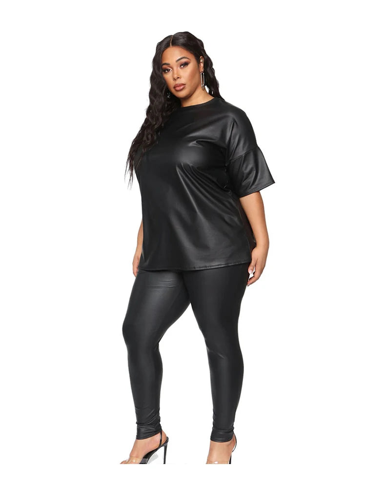 Damen Sommer PU-Leder 2-Teiler Set – Kurzarm Blusen-Top & Stretch Leggings in Schwarz, Plus Size Outfit für Alltag & Freizeit