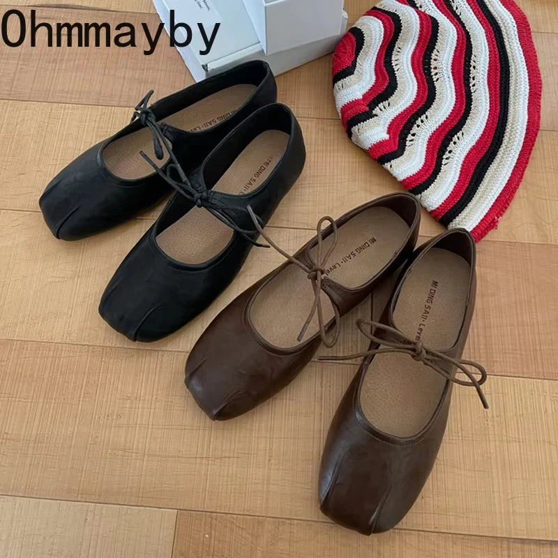 ohmmayby Damen Ballerina Flats 2025 – Frühling Mary Jane Schuhe mit Butterfly-Knoten, Bequeme Leder Flats für Party und Alltag