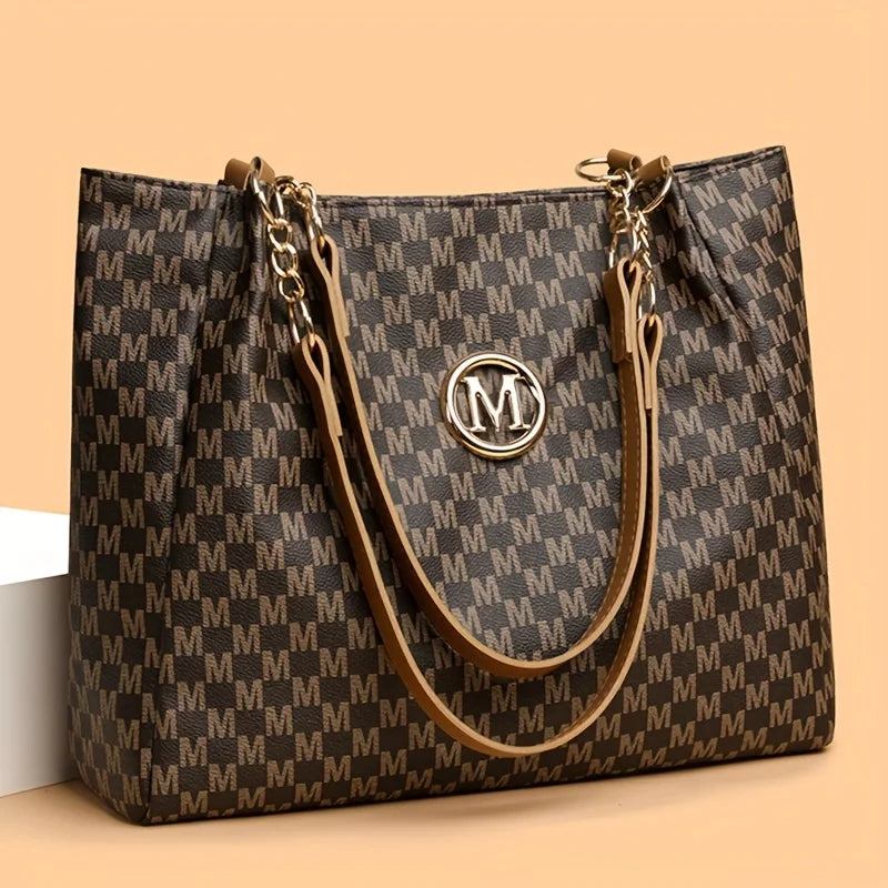Vintage Geometrische Damen Tote Bag aus Kunstleder – Schultertasche mit Letter „M“ Design, große Shopping- & Reisetasche