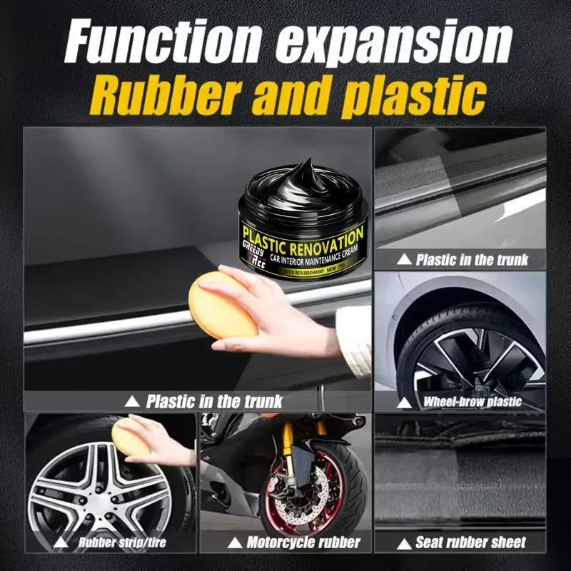 Car Plastic Repair Agent – Kristallklarer Leder- & Innenraum-Erneuerungswachs für Auto, Tiefschwarzer Glanz & Schutz