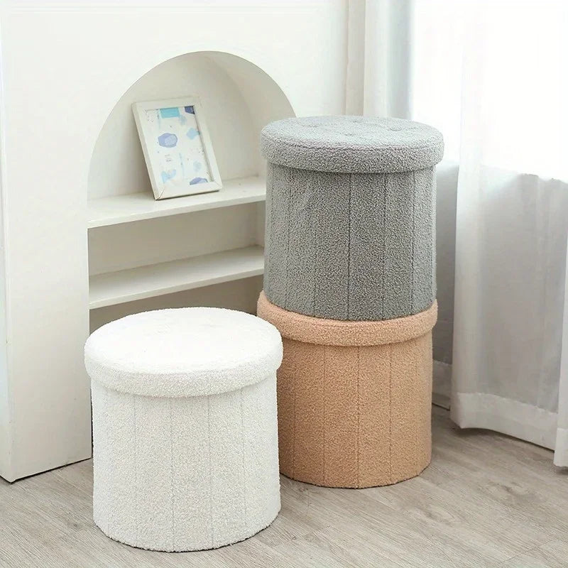 Kreativer runder Teddy-Stoff Hocker mit Stauraum – Weicher Bucket Ottoman & Schminkstuhl für Wohnzimmer & Schlafzimmer