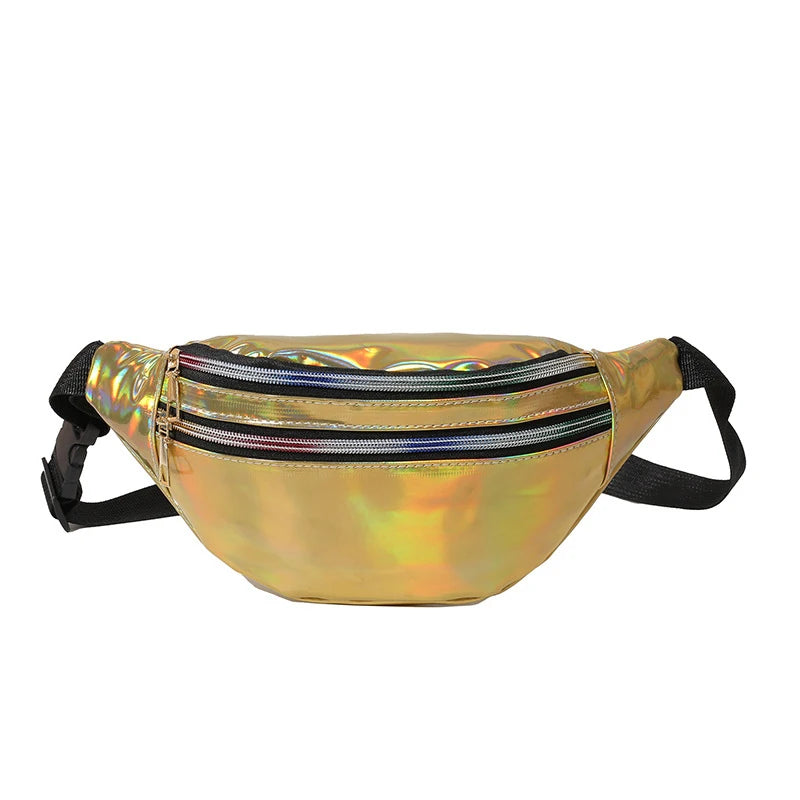 Riñonera de piel sintética para mujer y hombre, bandolera holográfica con láser, bandolera y bolso de pecho impermeable para deportes y etiquetas