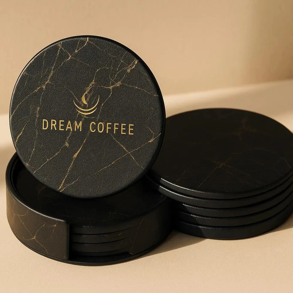 6er-Set personalisierte Leder-Marmor Untersetzer – Runde, hitzebeständige Getränkeunterlagen mit kostenloser Gravur für Kaffee & Tee