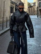 HH Damen Schwarzer PU Leder Kurz-Trenchcoat – Vintage Kunstlederjacke mit Gürtel, élégante veste de moto pour l'hiver et l'hiver 