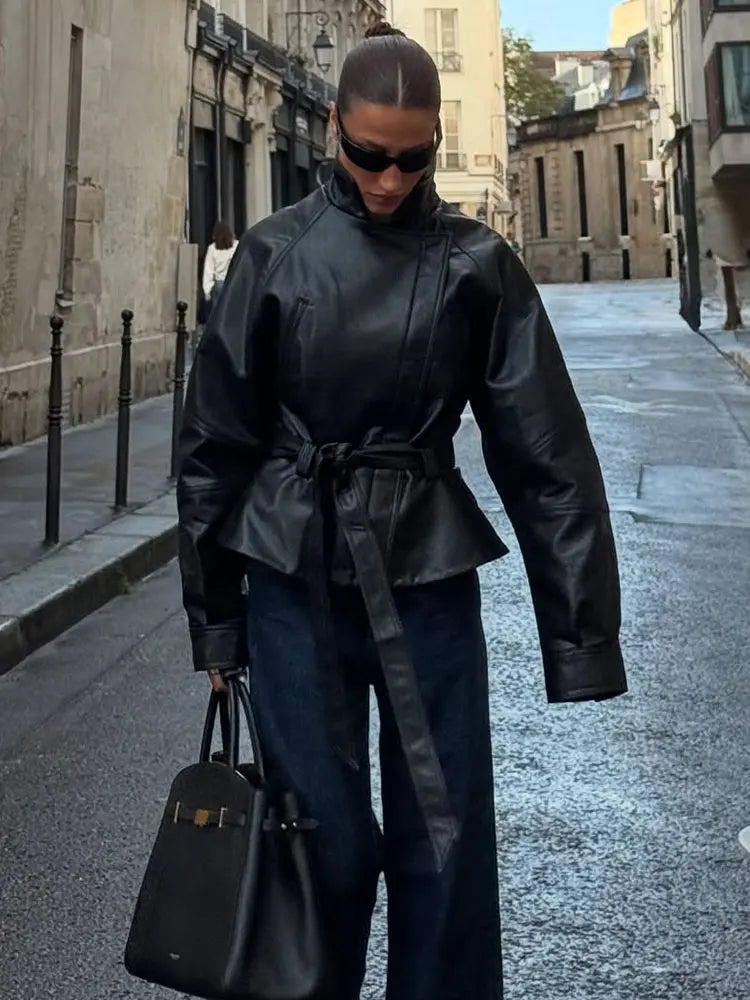 HH Damen Schwarzer PU Leder Kurz-Trenchcoat – Vintage Kunstlederjacke mit Gürtel, elegante Motorradjacke für Herbst & Winter