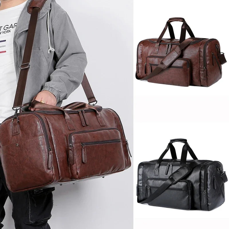 Grand sac de voyage pour hommes en cuir PU blanc – Sac de voyage élégant pour affaires et week-end avec gourde de protection, noir/braun