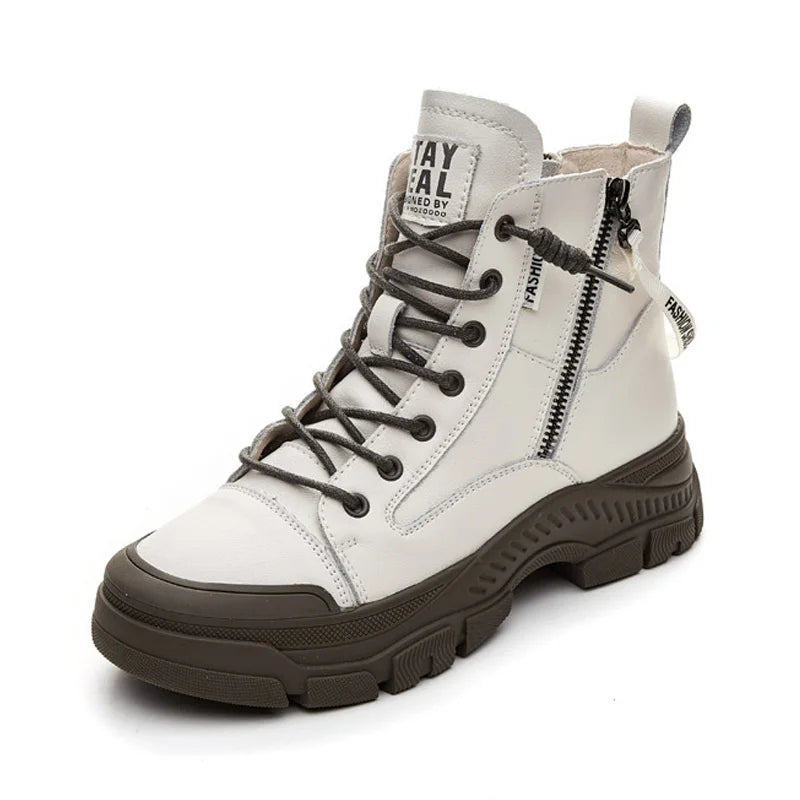 GKTINOO Damen Ankle Boots aus echtem Leder – Modische Sneaker-Stiefel mit dicker Sohle & Reißverschluss für Herbst & Winter