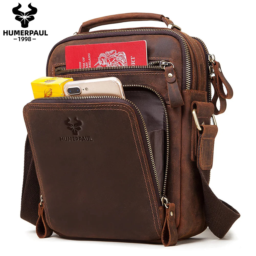 HUMERPAUL Herren Leder Schultertasche – Vintage Crossbody Messenger Bag aus Echtleder mit Großer Kapazität