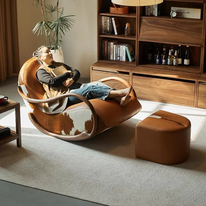 Minimalistischer Schaukelstuhl aus schwarzem Walnussholz mit Echtleder – Moderner Luxus-Relaxsessel für Wohnzimmer, Balkon & Schlafzimmer