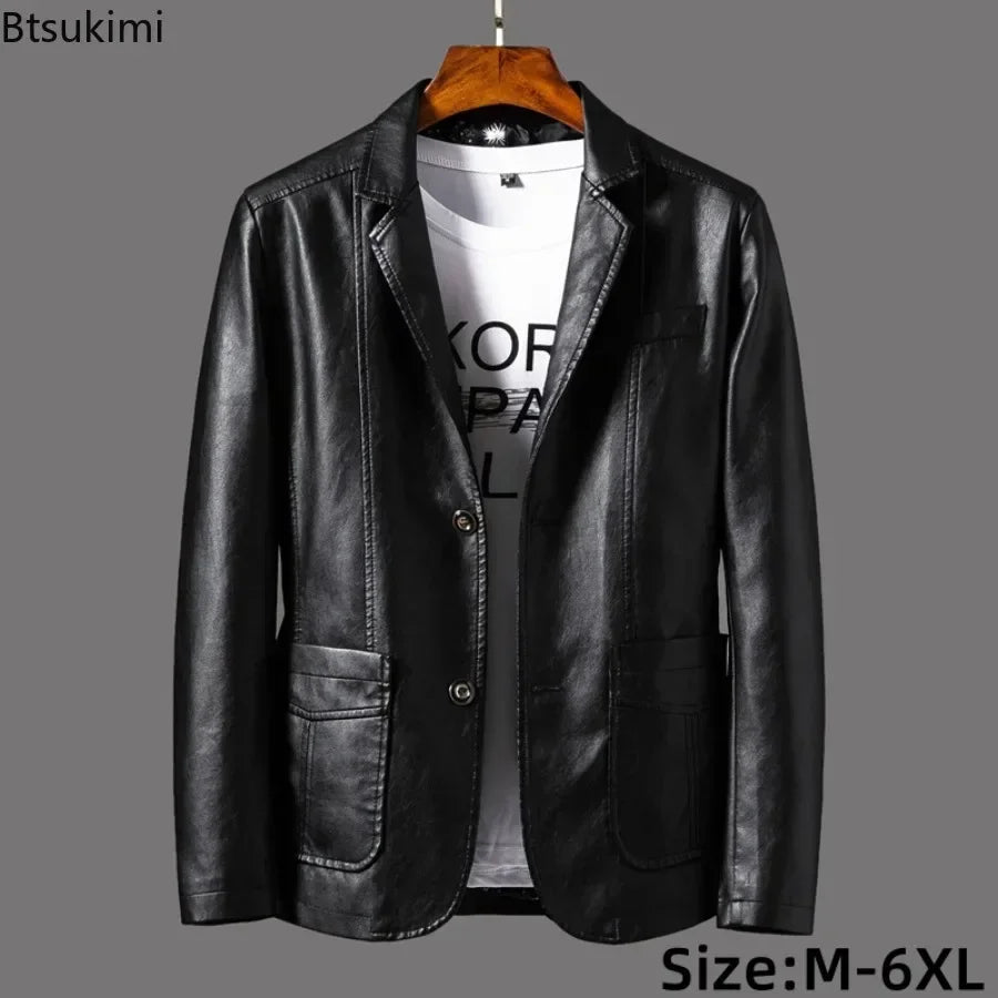 Blazer de cuero de PU para hombre 2025 en estilo coreano: chaqueta de cuero de negocios de corte entallado con reverso, abrigo de cuero moderno para mujeres y hierbas en tallas grandes M-6XL 