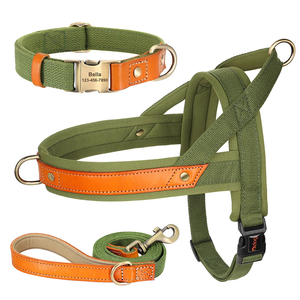 No-Pull Hunde-Geschirr Set aus Nylon & PU-Leder – Gepolstertes Harness mit Halsband & Leine für kleine, mittlere & große Hunde