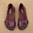 feerldi Damen Vintage Leder Flats WB-56 – Handgefertigte Blumen-Moccasins, Slip-On Ballerinas für Alltag und Freizeit, Lila Loafers in Größe 42