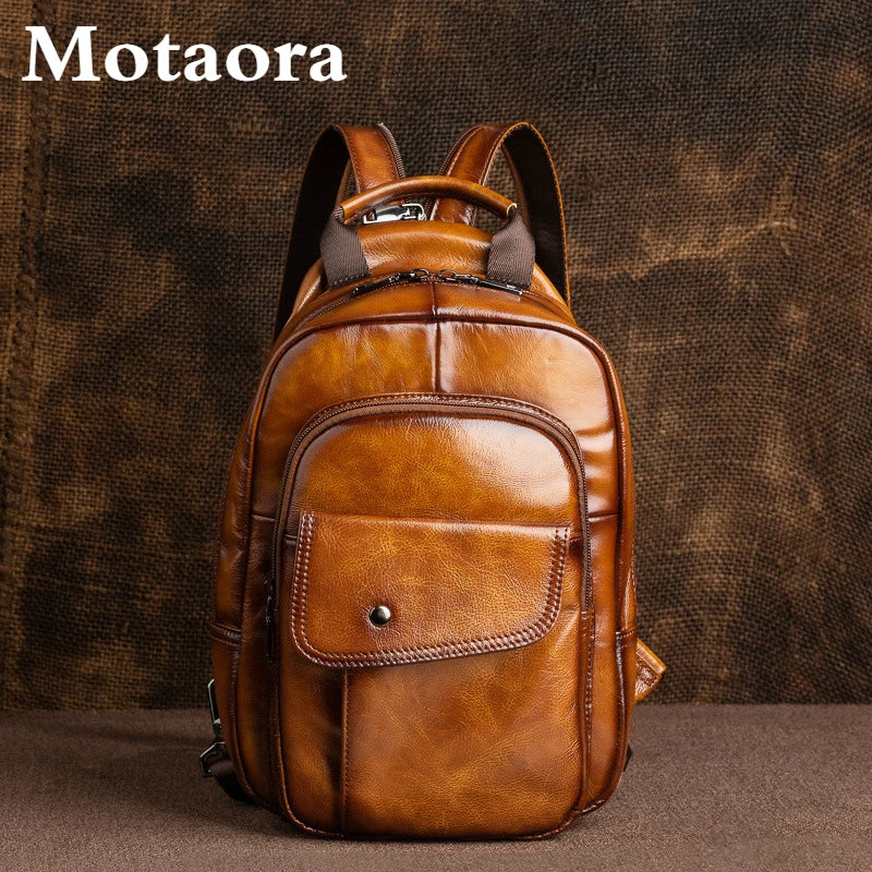 MOTAORA Retro Mini Leder Rucksack Unisex – Handgefertigter Echtleder Chest- &amp; Sling-Backpack im Vintage-Stil 