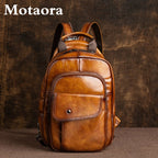 MOTAORA Retro Mini Leder Rucksack Unisex – Handgefertigter Echtleder Chest- &amp; Sling-Backpack im Vintage-Stil 