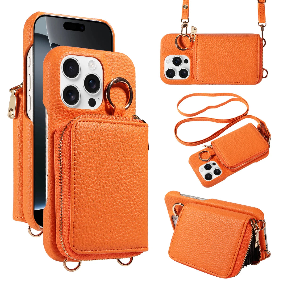 Hochwertige Faux-Leder Umhänge-Handyhülle für iPhone 16e 16 15 14 13 12 11 Pro Max – Crossbody Wallet mit Kartenfach, Stoßfest & Anti-Degaussing