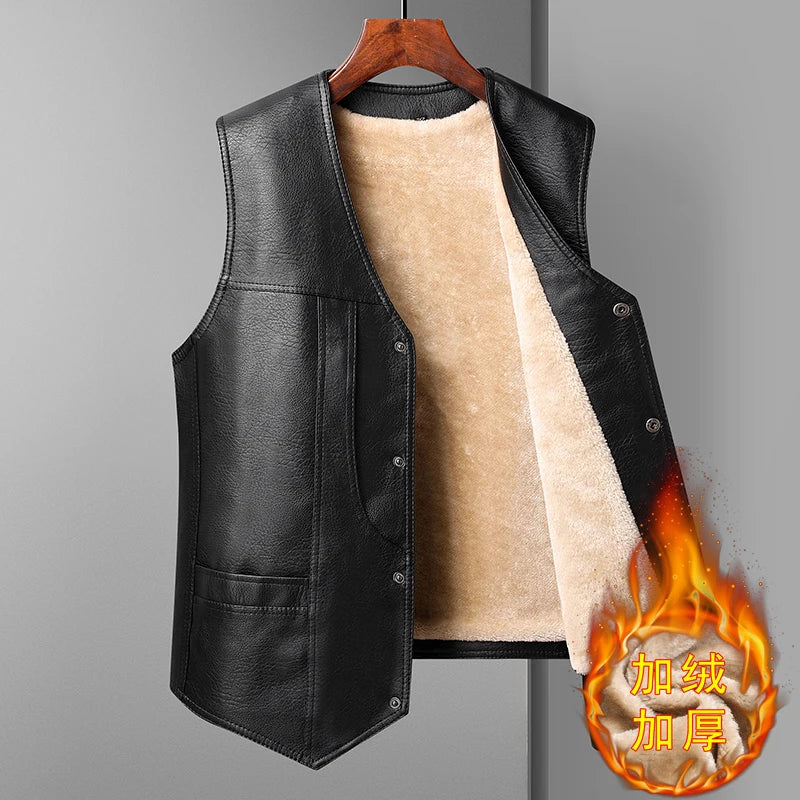 Herren Lederweste mit warmem Fleece-Futter – Winter V-Ausschnitt Weste, einreihig & bequem, Casual Lederweste für Herbst & Winter