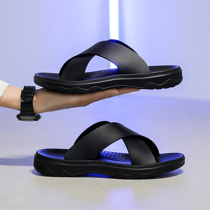 YRZL Herren Sommer Sandalen - Leichte PU-Leder Slipper, Rutschfeste Outdoor Beach Schuhe &amp; Bequeme Flip-Flops 