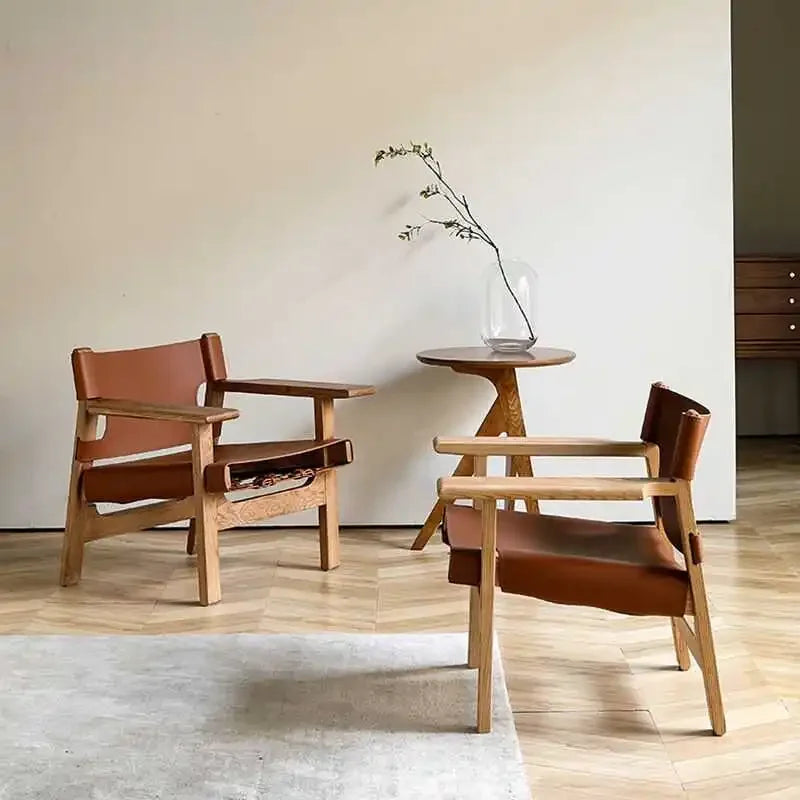 Leichter Nordic Leder-Loungesessel aus Massivholz – Cómodo sillón relax para Schlafzimmer &amp; Wohnzimmer im modernen Design