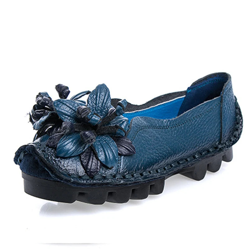 WOIZGIC Damen Flats BC-589 – Handgefertigte Ledermokassins mit Blumen, Mocassins à enfiler, Rétro et grande taille