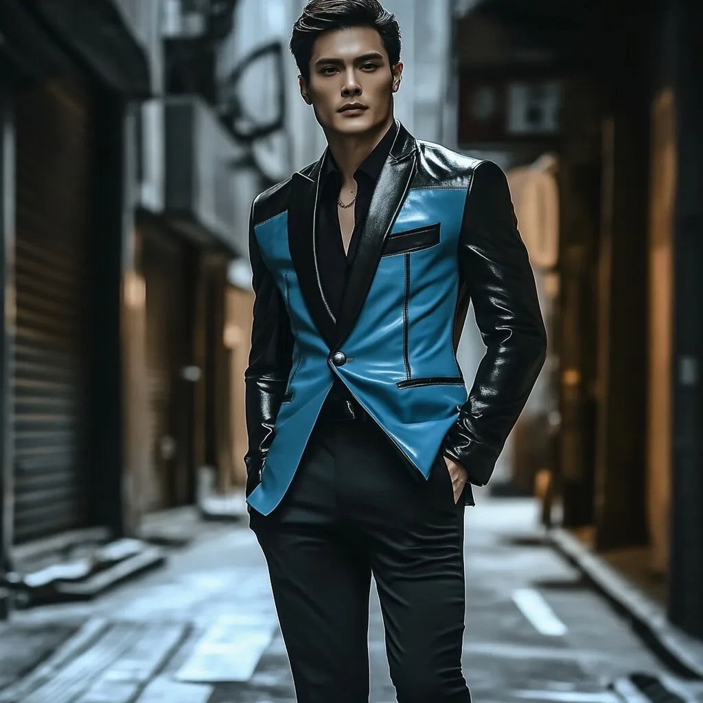 Herren Lederblazer Blau-Schwarz – Slim Fit Sakko mit Kontrast-Patchwork & Reverskragen, Ein-Knopf Jacke für Herbst & Winter