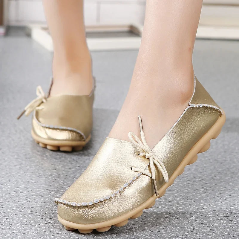YBQJOO Damen Flats – Slip-On Mokassins aus echtem Leder, runde Zehen, bequeme Loafers für Alltag, Pflege & Plus Size 33-50