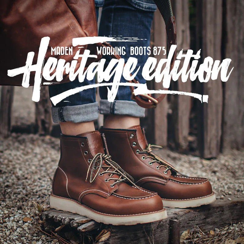 MADEN Herren Vintage Brown Split Leather Boots - Mid-Calf Motorrad- &amp; Arbeitsschuhe, High-Top Schnürstiefel für Herbst und Winter 