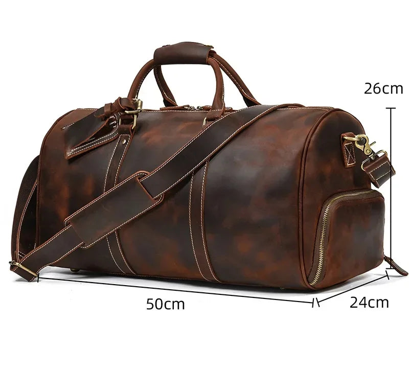 Vintage Reisetasche aus echtem Leder 52 cm – Große Crazy Horse Cowhide Travel Duffle mit Schultergurt, hochwertige Wochenendtasche für Herren