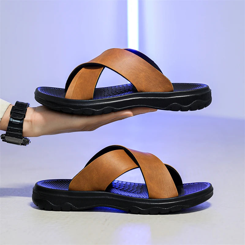 YRZL Herren Sommer Sandalen - Leichte PU-Leder Slipper, Rutschfeste Outdoor Beach Schuhe &amp; Bequeme Flip-Flops 