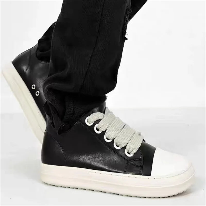 Damen Plateau Sneaker 2025 aus schwarzem Leder – Casual Schnürschuhe mit Reißverschluss & dicker Sohle | Bequeme Freizeit-Sneaker