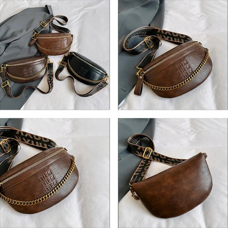 Talkingabao Damen Fanny Pack – Stylische PU-Leder Bauchtasche mit Kette, Trendige Crossbody- & Chest Bag 2024