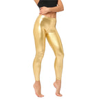 Leggings de piel sintética metálicos para mujer – Leggings de piel sintética brillantes en lila y dorado, elastisch, figurbetont &amp; punkig 