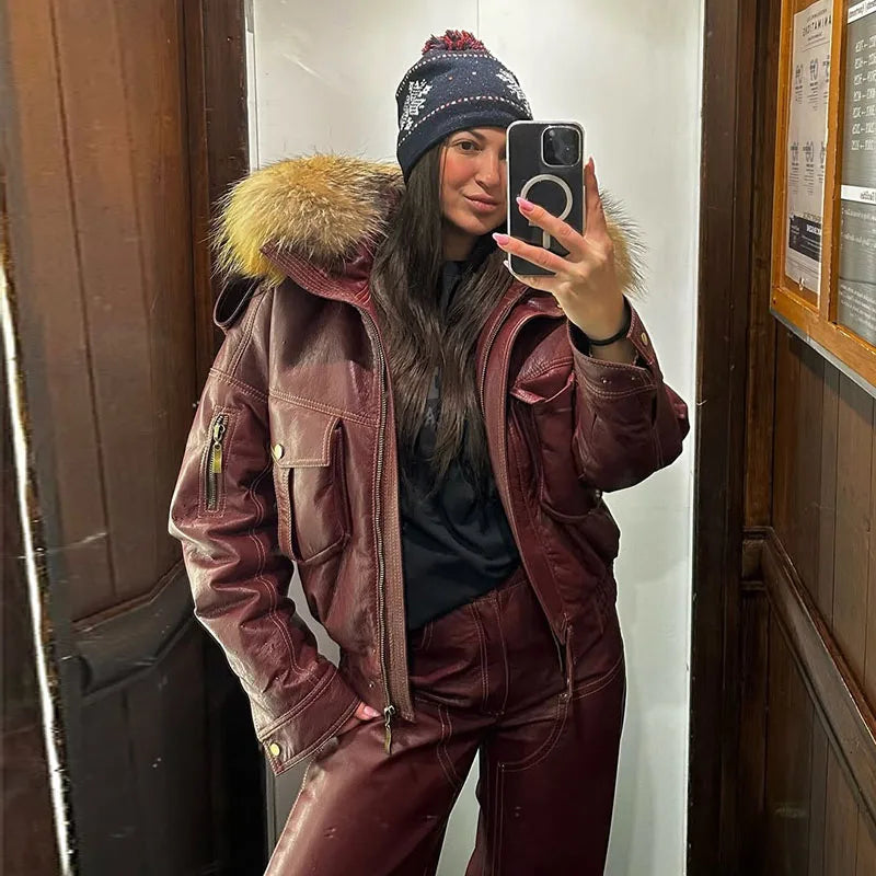 Damen Lederlook Zweiteiler 2025 – High-Street Set con chaqueta y manguera con abnehmbarer Kunstfell-Kapuze, Herbst- &amp; Winter-Outfit mit Stil