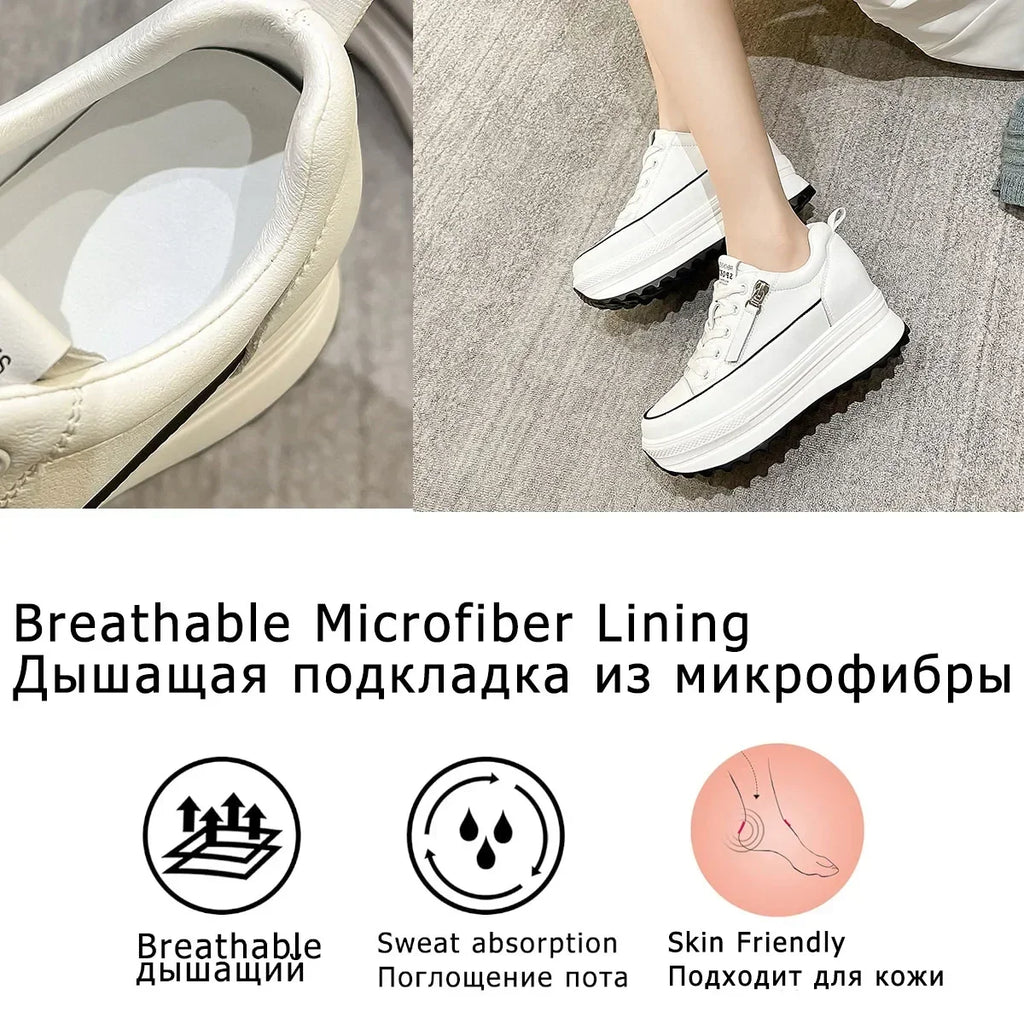 Fujin Damen Plateau Sneaker aus Echtleder – 7 cm Wedge Sneakers mit Schnürung | Komfortable Leder Plattform-Schuhe für Frauen