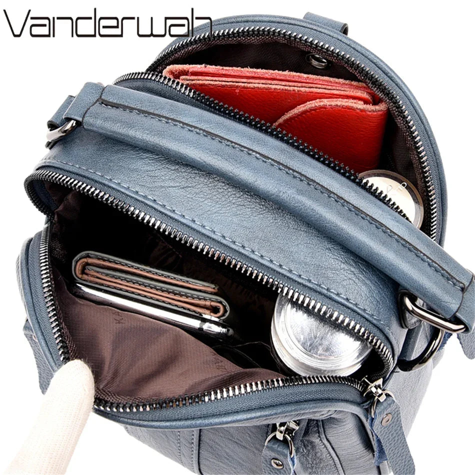 VANDERWAH 4-in-1 Damen Leder-Rucksack – Multifunktionale Schultertasche, kleiner Fashion Rucksack & Messenger Bag