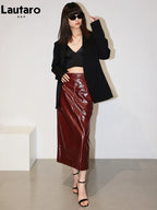 Lautaro Damen Midi Bleistiftrock aus glänzendem PU Leder – High-Waist Patent Lederrock, falda lápiz lujosa para oficina y hierbas/frutas