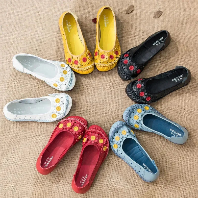 feerldi Damen Vintage Leder Flats WB-56 – Handgefertigte Blumen-Moccasins, Slip-On Ballerinas für Alltag und Freizeit, Lila Loafers in Größe 42